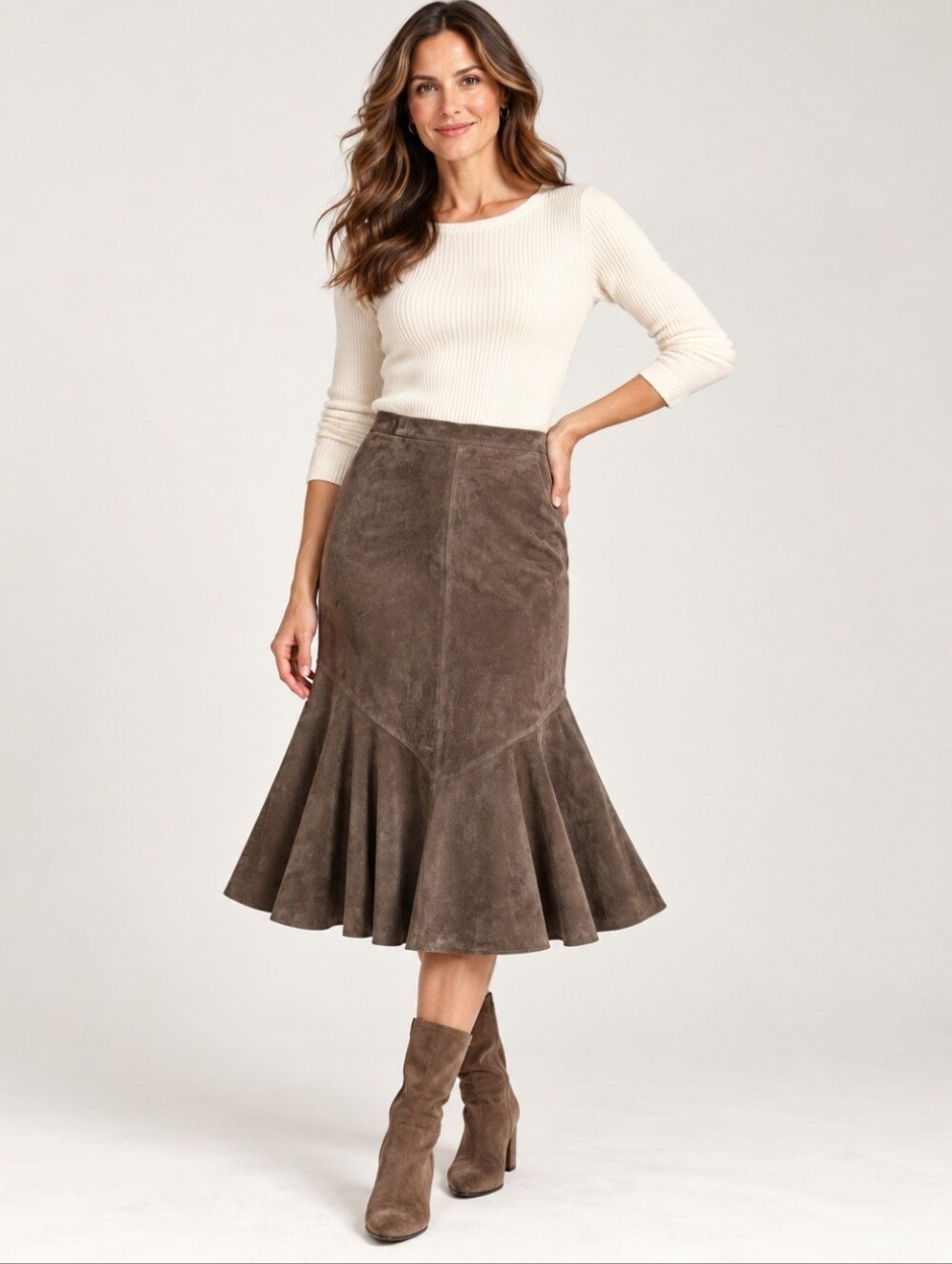 Chico’s NWT Genuine Suede Leather Brown Midi Skirt Flounce Hem Size s
